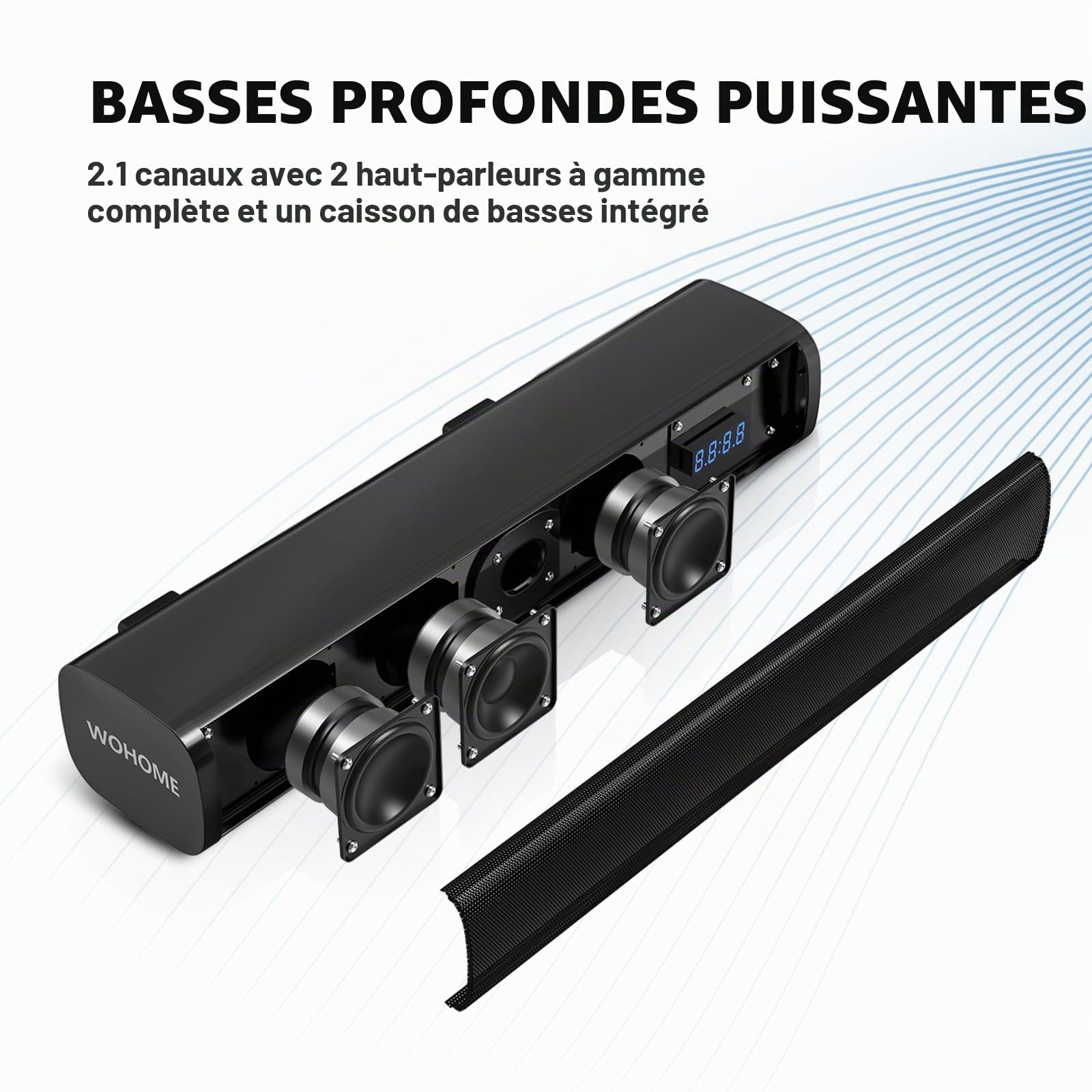 Petites barres de son 2.1 canaux pour TV avec 6 niveaux d'amélioration de la voix, caisson de basses intégré, haut-parleurs de barre de son BT de 16 pouces avec connexion optique/AUX/USB, S100