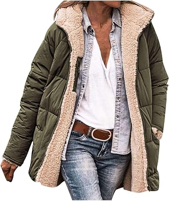 Womens Reversible Hooded Winter Coat Cozy Sherpa Lined Parka Warm Oversized Puffer Jacket Fleece Lining