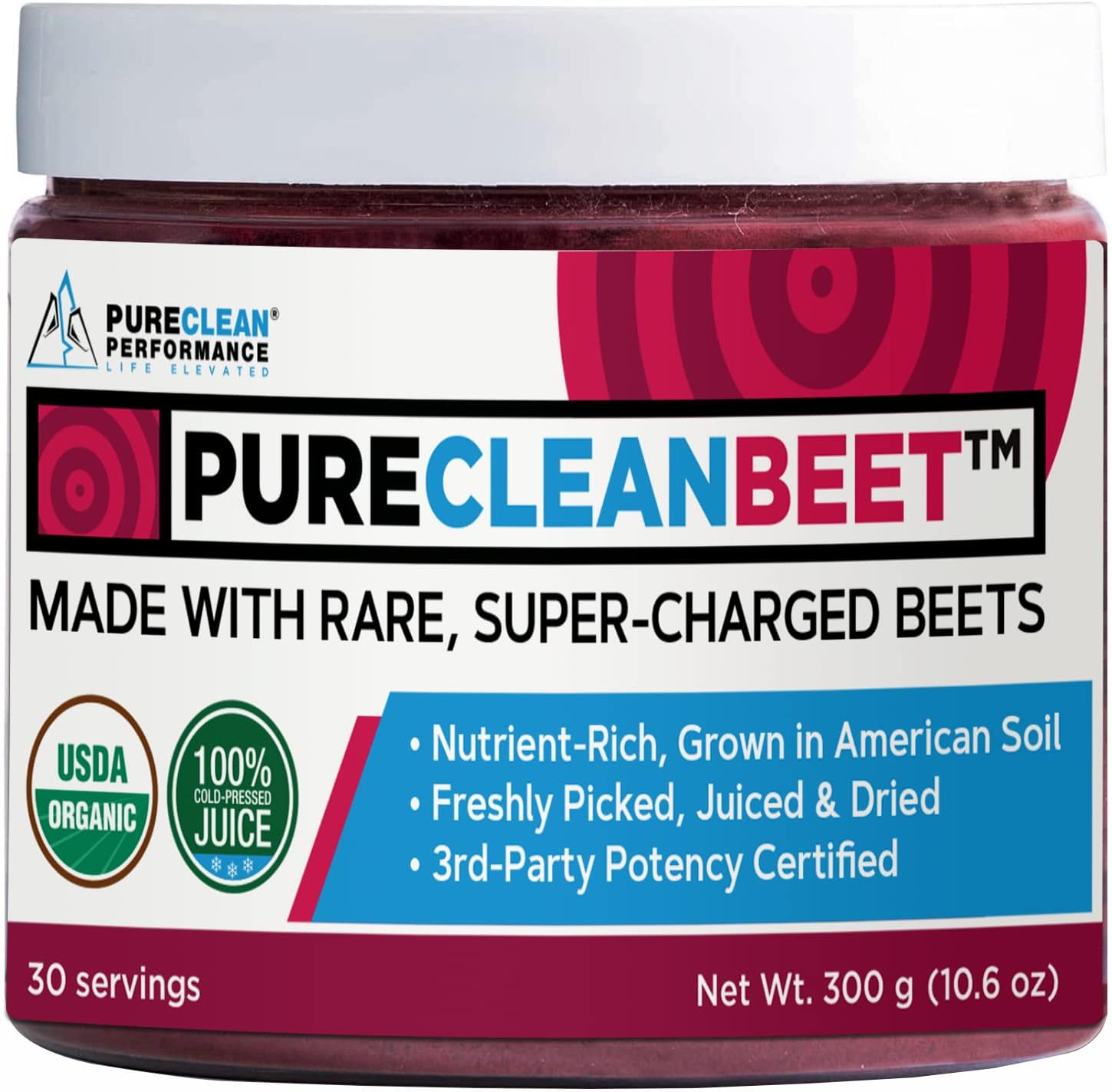PureClean Performance Powder - Organic Beetroot Supplement - USA Grown Concentrated Beet Juice Powder | 30 Servings Jar, 300g