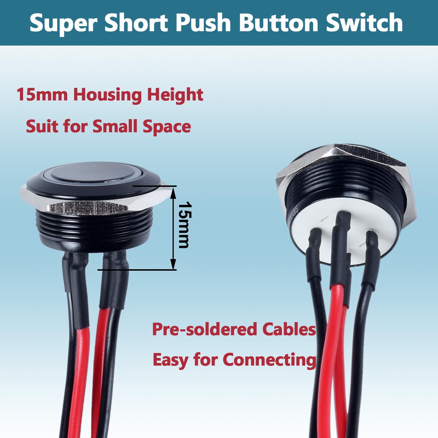 2pcs 22mm Momentary Push Button Switch Super Short Waterproof Metal Black Shell 12V-24V (ON)-Off 4Pins Normally Open 7/8" Mounting Hole (Flat Head Halo Ring Red LED)