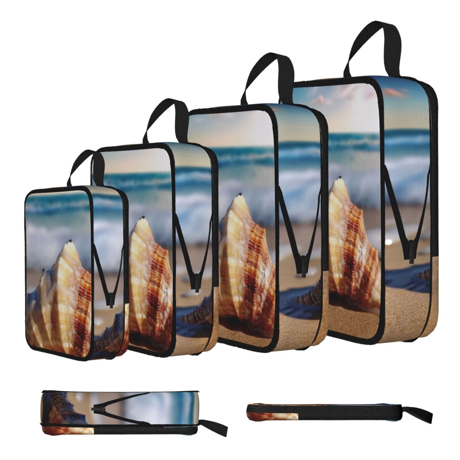Ezdlowvba Black Sea Wave Seashell Print Compression Packing Cubes 4-Piece Set With Multi- Compartment Travel Bag, Waterproof Suitcase Organiser Bags