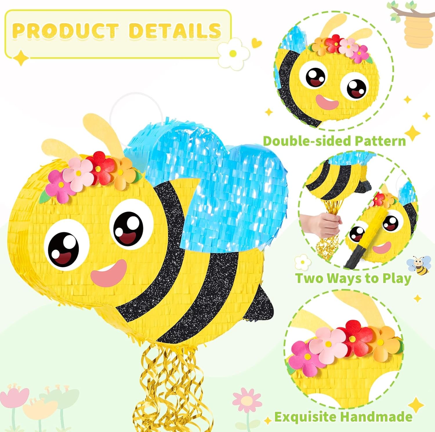 WERNNSAI Bee Piñata - Happy First Bee Day Decorations Cute Piñata with Blindfold and Bat for Kids Birthday Classroom Garden Party Game Supplies Baby Shower Spring theme Party Decorations