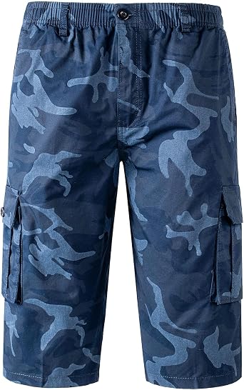 Mens 3/4 Cargo Short Camo Combat Army Half Pant Multi-Pocket Capri Long Short Pants Walking Casual Cropped Trouser