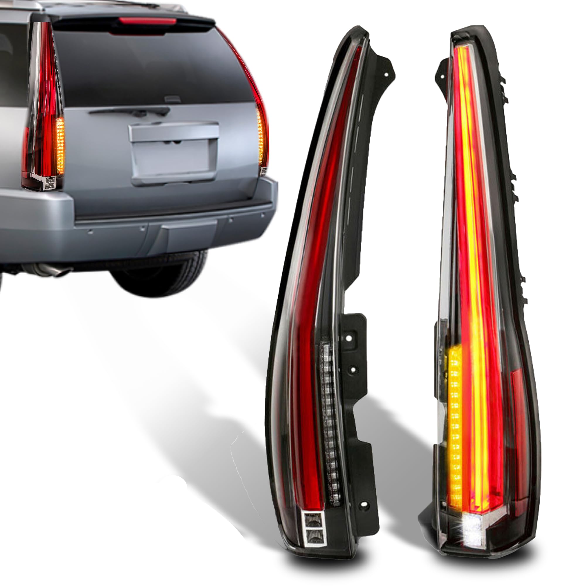 KUIPERAUTO LED Tail Light Assembly Compatible for Chevy Suburban Tahoe GMC Yukon 2007-2014, Clear Red Rear Lamp Back Light, Yellow Turn Signal, 5Pin Plug