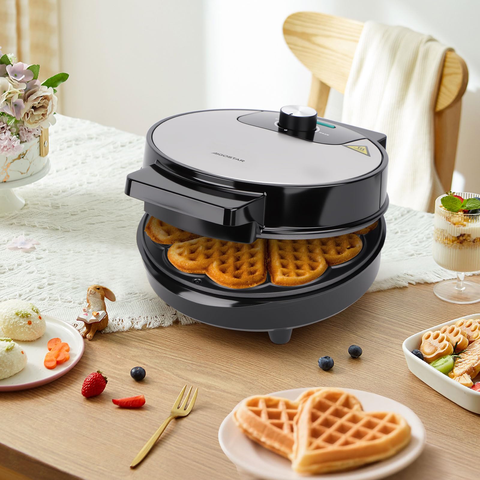 Aigostar Macchina per Waffle a 5 Cuori, 1000W, Piastre Antiaderenti da 19 cm, Cottura Regolabile, Indicatore LED, Maniglie Antiscottatura, Design Compatto in Acciaio Inossidabile, BPA FREE, Crunchy