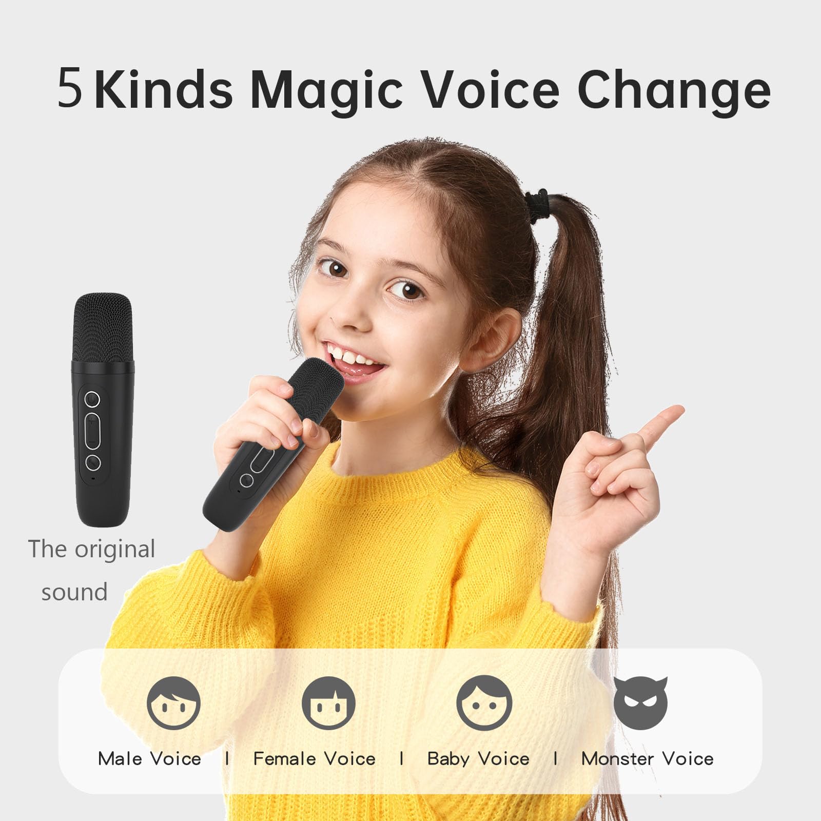 Karaoke con Microfono, Karaoke Macchina per Bambini più 2 microfoni, altoparlante portatile bluetooth per karaoke con cambio di voce e luce a led (nero)