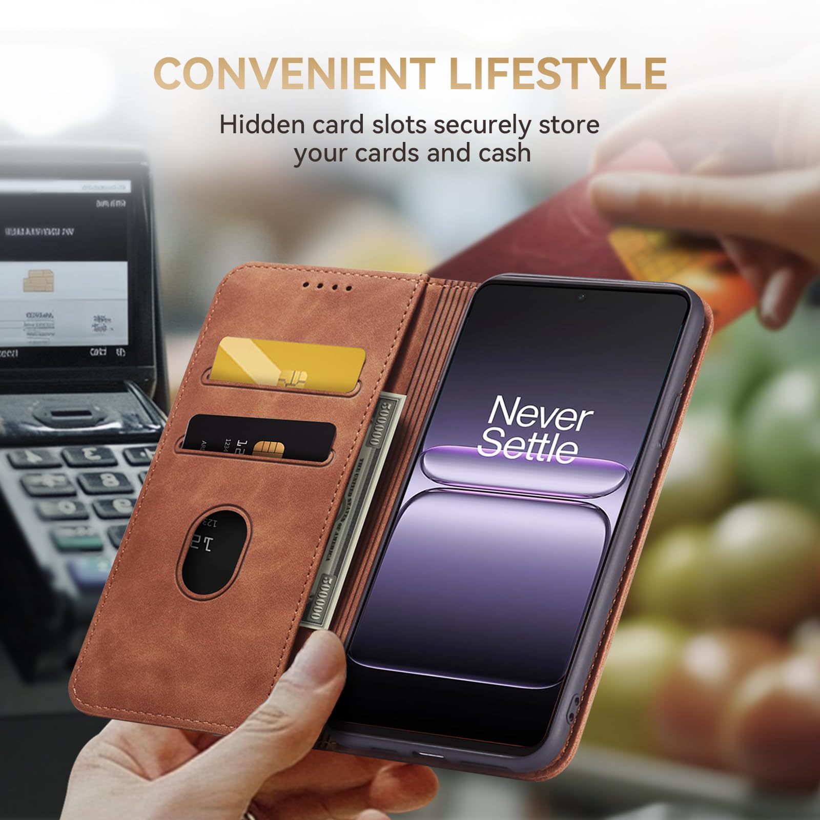 KIOTROUO Cover per Oneplus Nord 5 Custodia Portafoglio, Flip Libro [Slot Schede] Premium Pelle PU Wallet Case con Porta Carte Slot, Magnetica, Funzione Supporto Case, Marrone