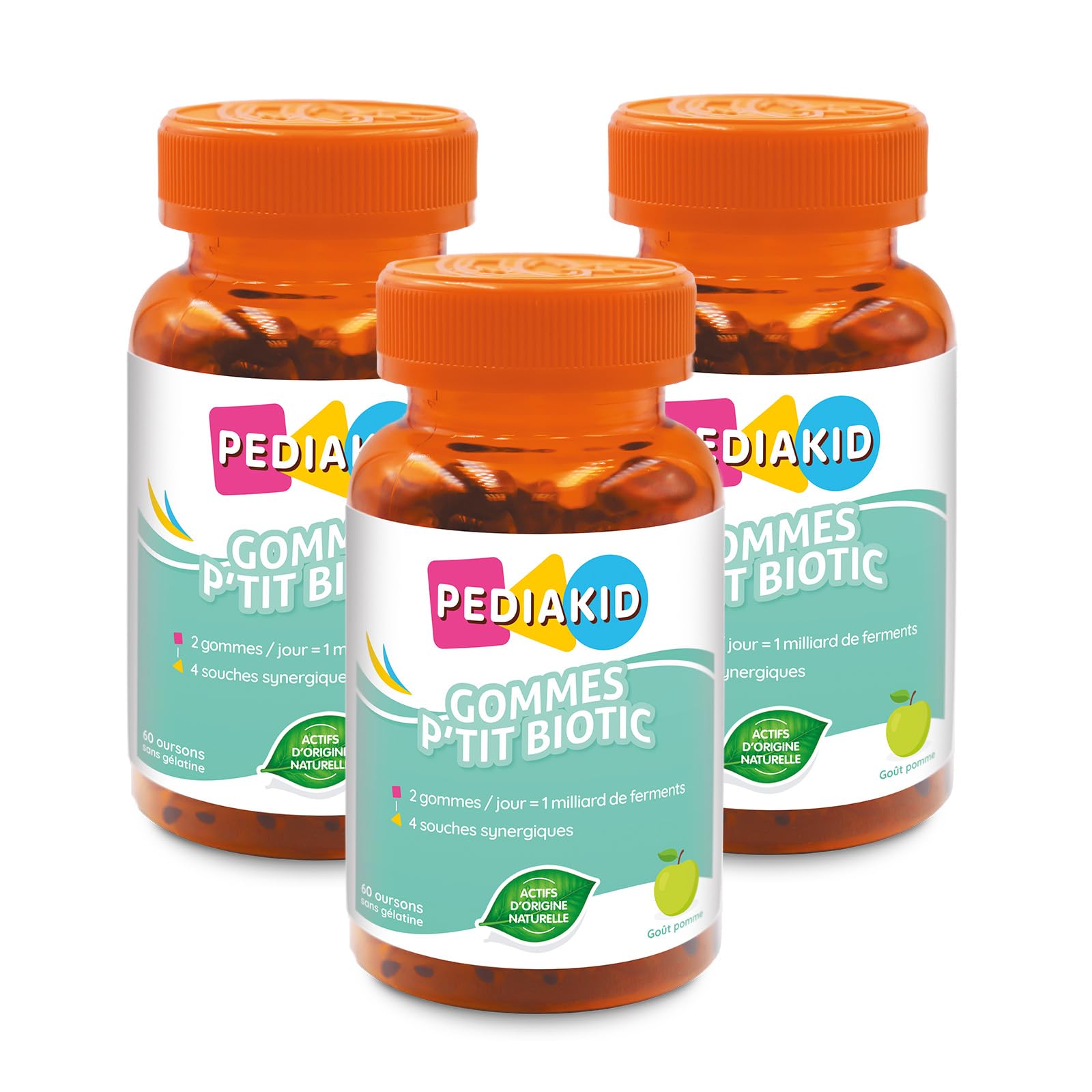PEDIAKID - Gommes P'tit Biotic - Formule Naturelle au Délicieux Arôme de Pomme - Contribue à Enrichir la Flore Intestinale - Soutient les Défenses de l'Organisme - Lot de 3 piluliers