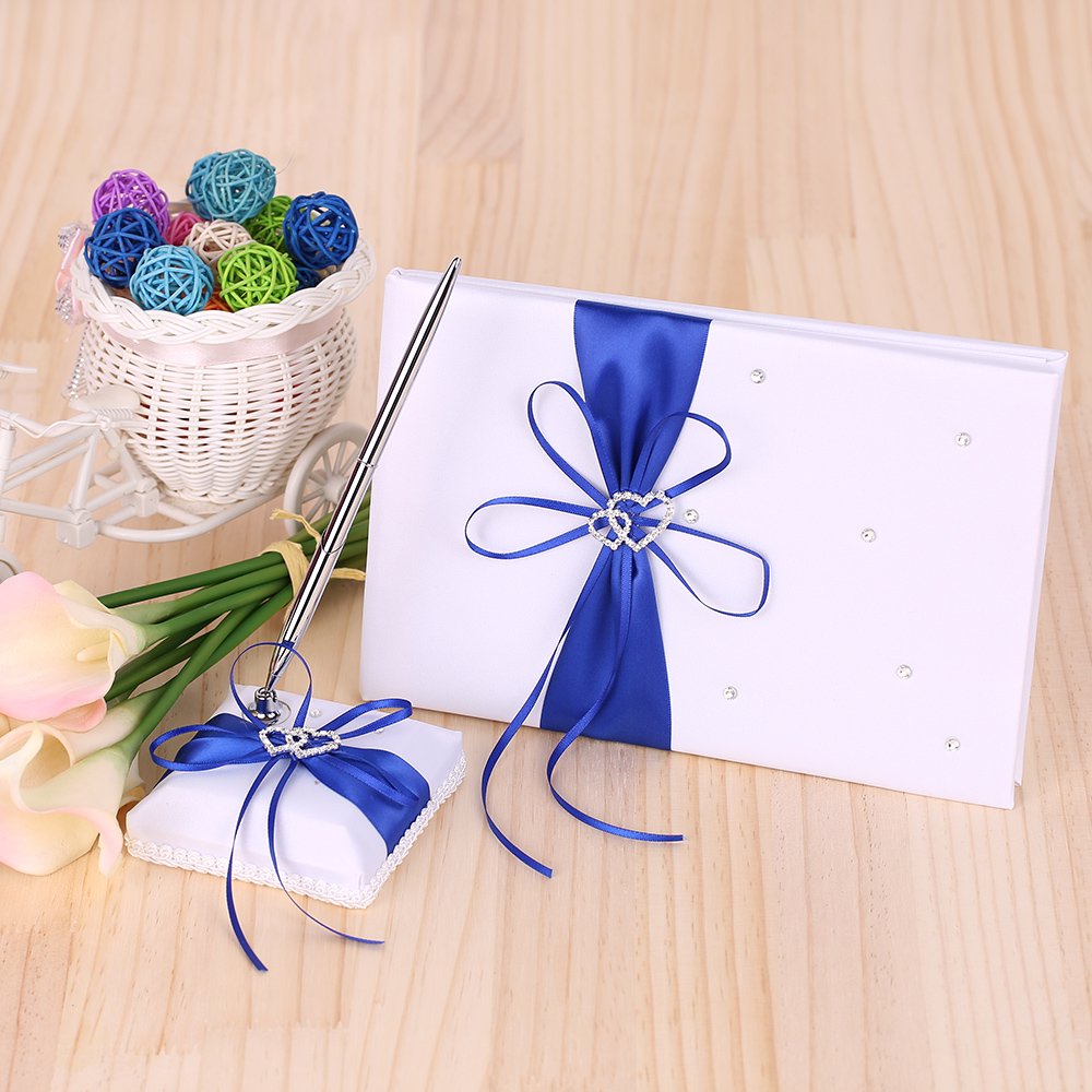 5-teiliges Set Hochzeitszubehör Doppelherz-Satin-Blumenmädchenkorb + 7 * 7 Zoll Ringträgerkissen + Gästebuch + Stifthalter + Brautstrumpfband-Set Weißes (Blau)