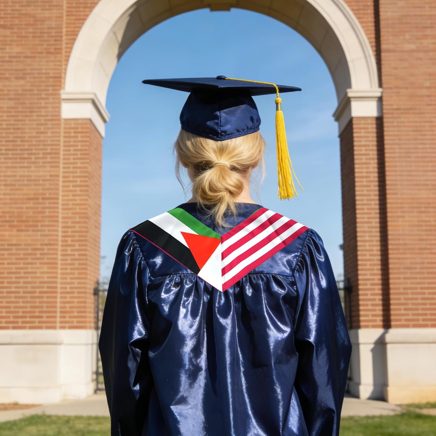 USA And Palestine Flag Graduation Stole,Satin Embroidery Graduation Sash for International Students,72 Inch Length.