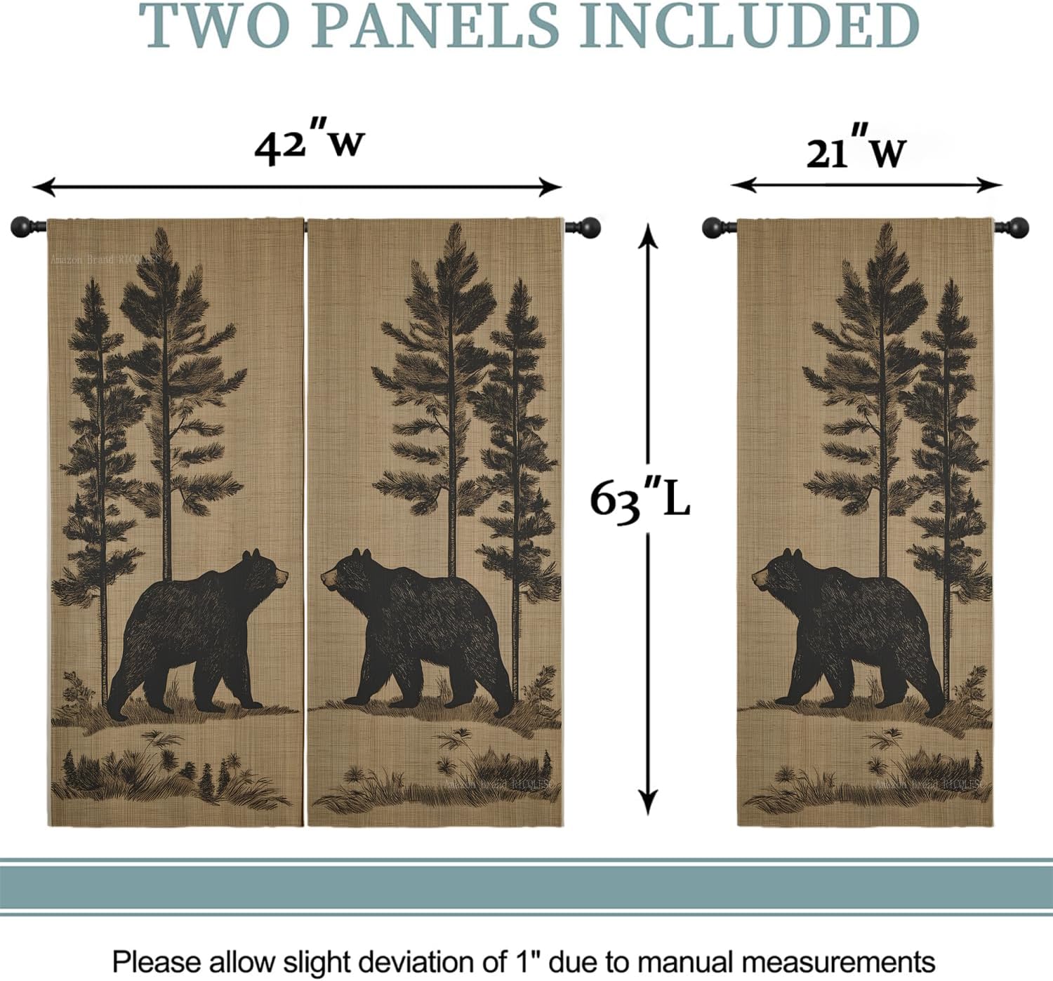 Black Bear Boy Girls Blackout Curtains, Wildlife Woodland Vintage Rustic Coniferous Forest Cartoon Animal, 2 Panel Rod Pocket Thermal Insulated Drapes for Bedroom Living Kids Room Deco 42x63 inch