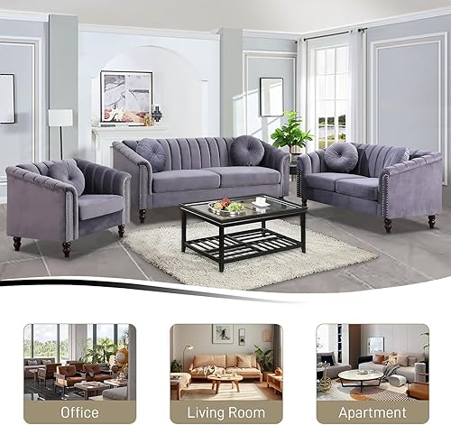 Miniatura 4 de Moderno conjunto de sofá Chesterfield de terciopelo de lujo, sillón de franela, reposabrazos enrollados tapizados para sala de Estar, dormitorio,