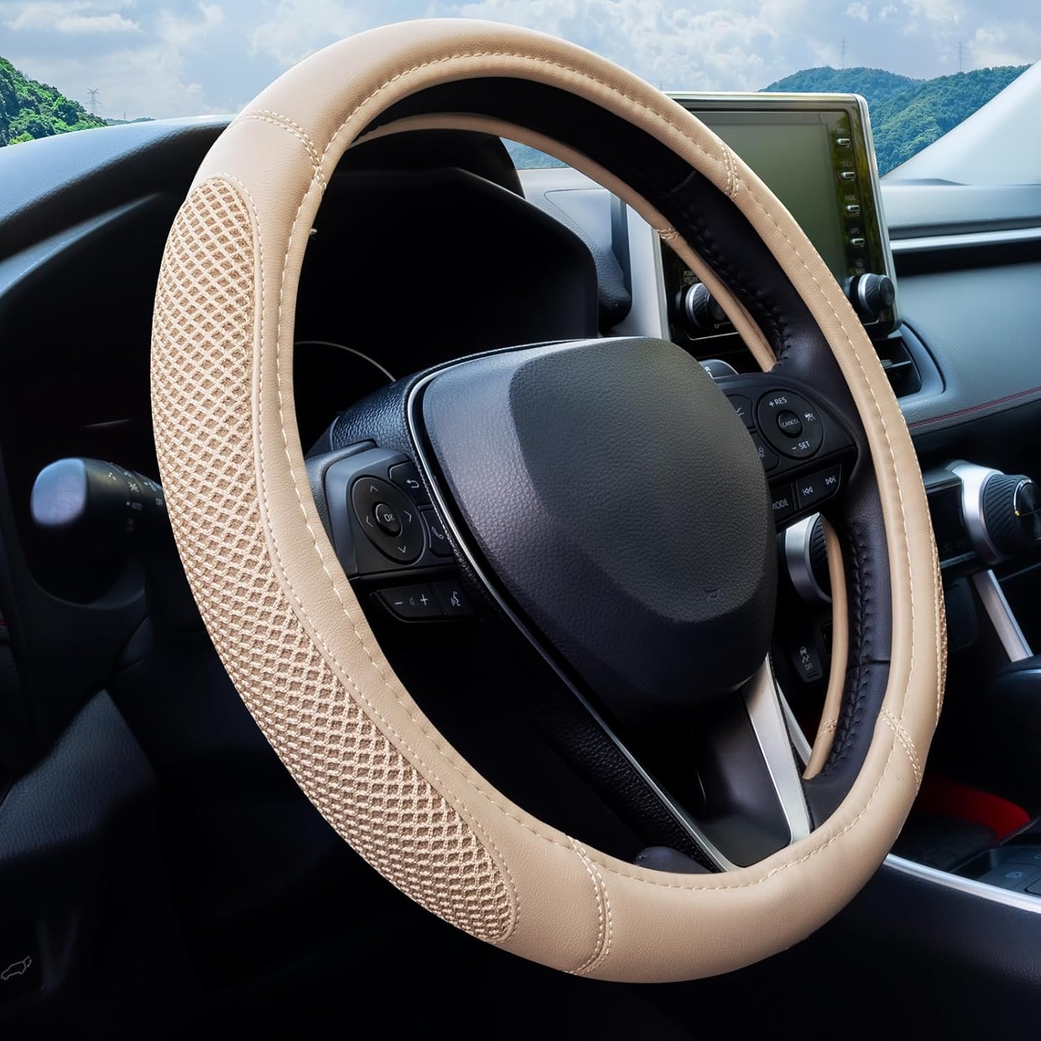 Grey Truck Steering Wheel Cover with Breathable Grip, Premium Faux Leather, Universal fit for Full Size Trucks and SUVs with Steering Wheel Size 15.5" to 16"