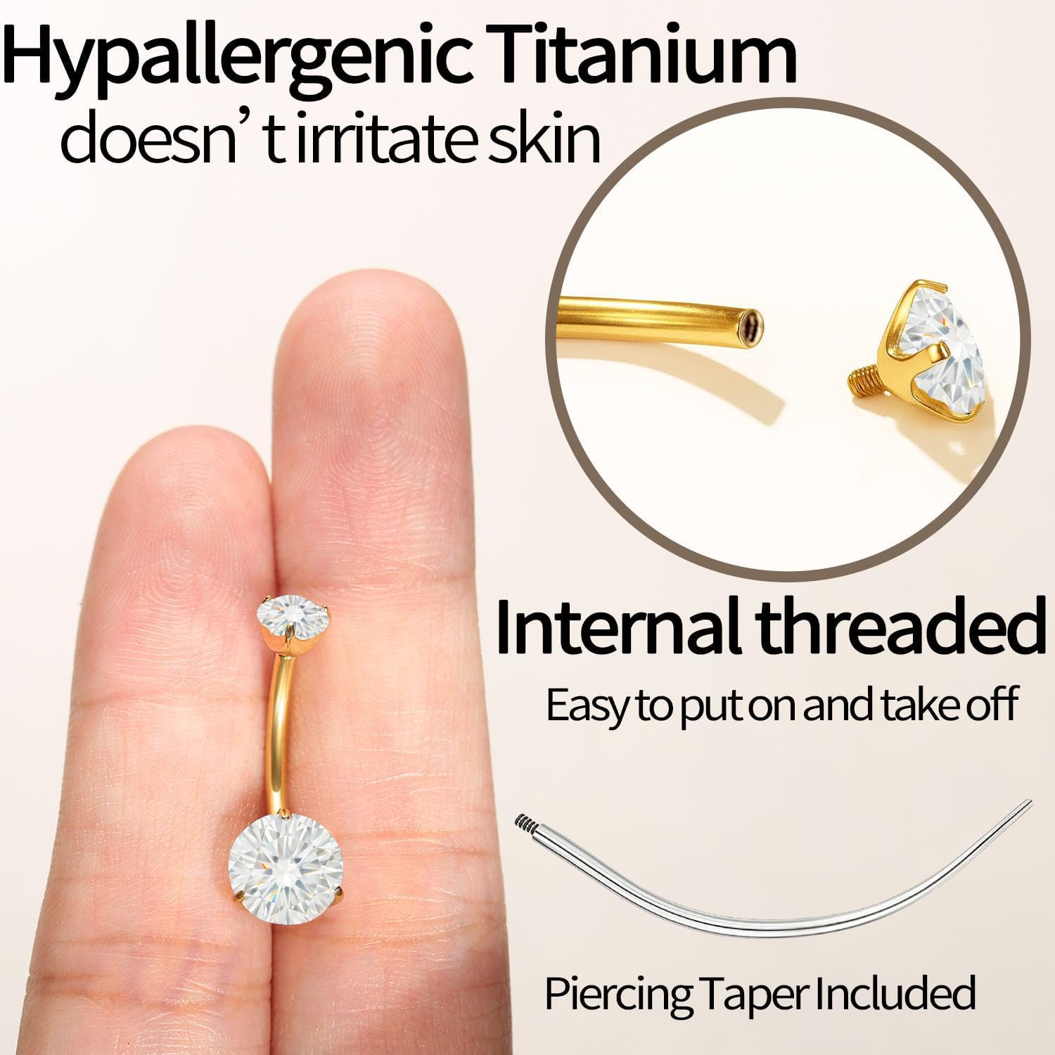 Sparkling Moissanite Belly Button Ring, 14G G23 Surgical Grade Titanium with 14K Gold Plated | Internally Threaded & Hypoallergenic for Sensitive Skin | Unisex Body Jewelry - Image 4