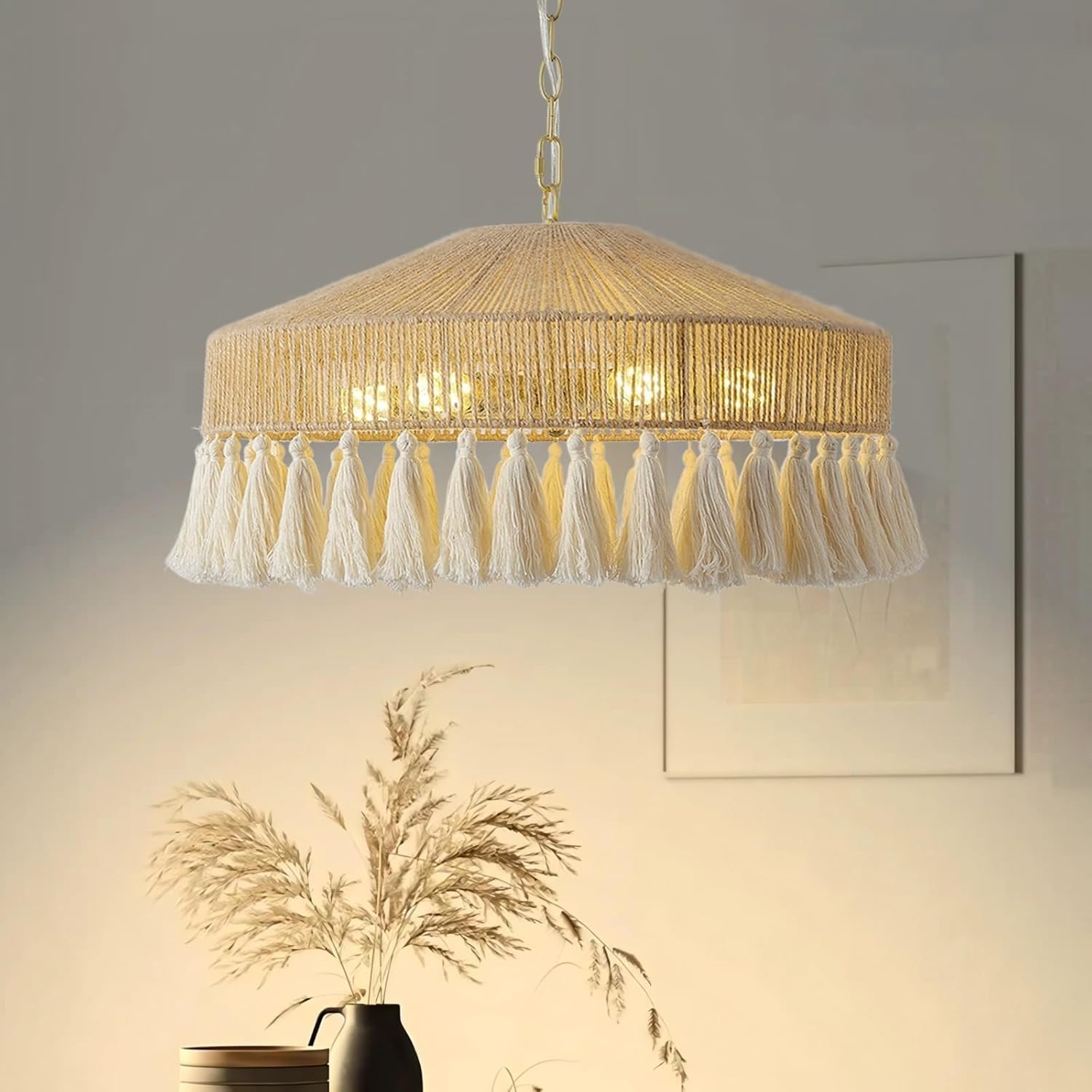 VTAMng Rattan Pendant Light Boho Large Chandelier Wabi-Sabi Hanging Lamp with Fringe Tassle Chandelier Lighting Fixtures for Living Dining Room Kitchen Bedroom Nursery Girls Room(50cm)