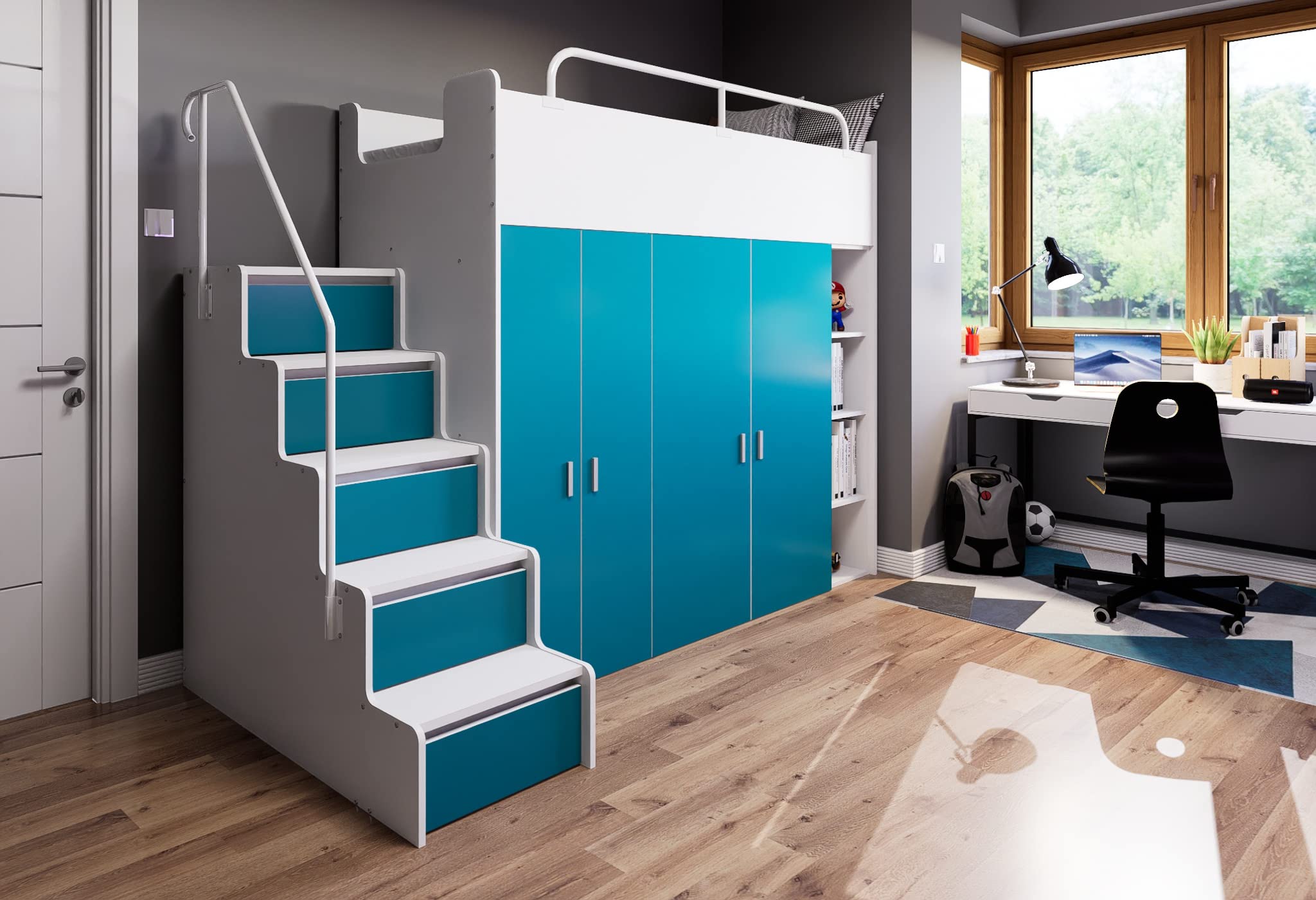 Hochbett Kinderbett JSM-2 90x200 mit Zwei Kleiderschränken, Bücherregal und Treppe Matt Etagenbett Stockbett Jugendhochbett (Hellblau)