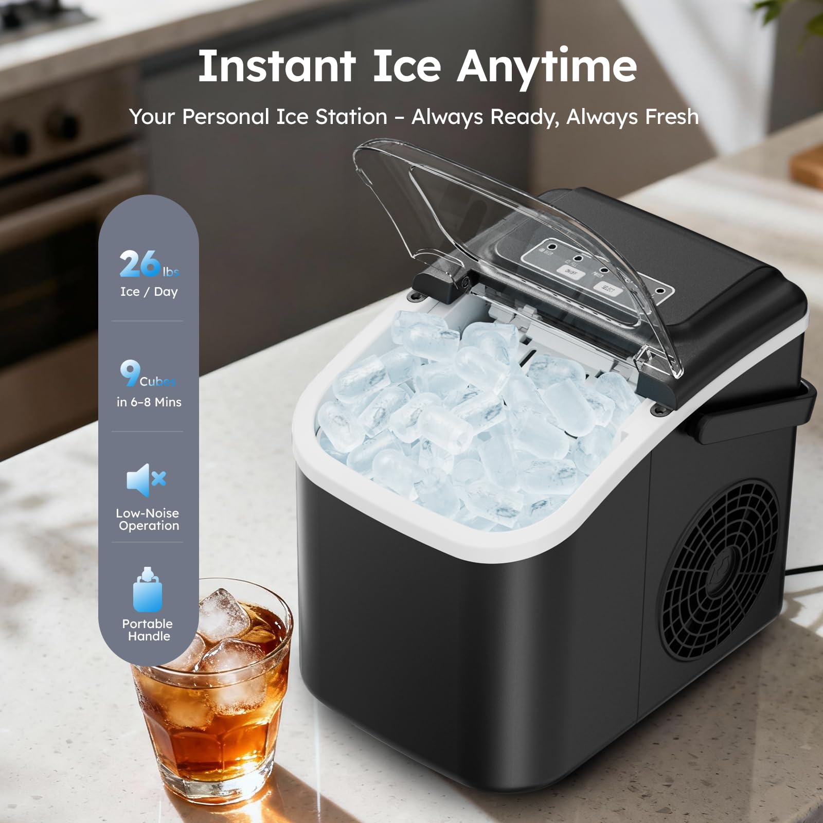 Countertop Ice Maker Machine 26lbs/24h,9 Ice Cubes Ready In 6 Mins,Automatic Clean Portable Ice Maker With Handle,40dbs Low Noise,Adjustable Ice Cube Size on Fridge.com - View 2