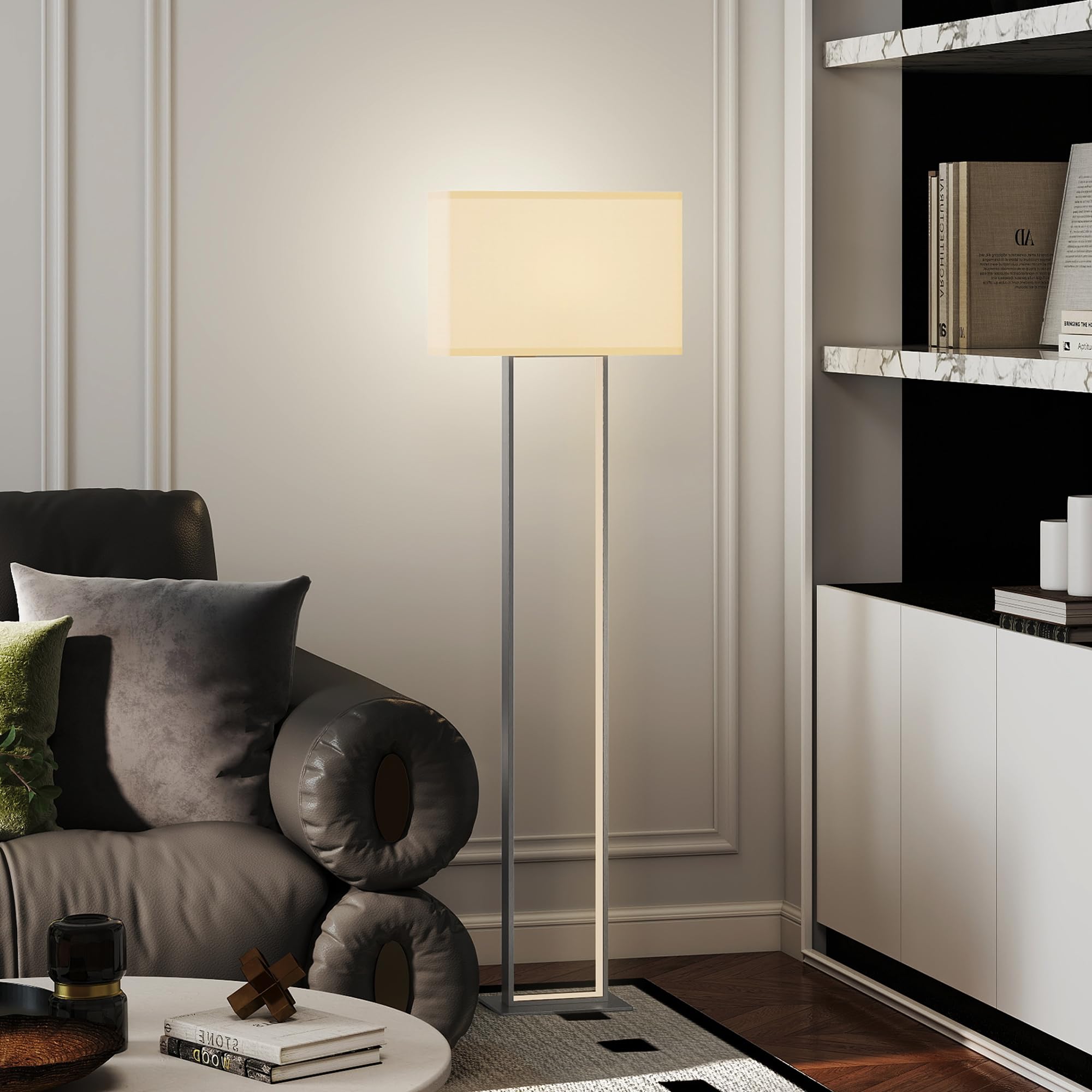 HOMCOM Lámpara de Pie Moderna 150cm con Pantalla de Tela para Salón Blanco | Luz Nocturna, Interruptor de Pie, Base Metálica, para Dormitorio Oficina Sala de Estar