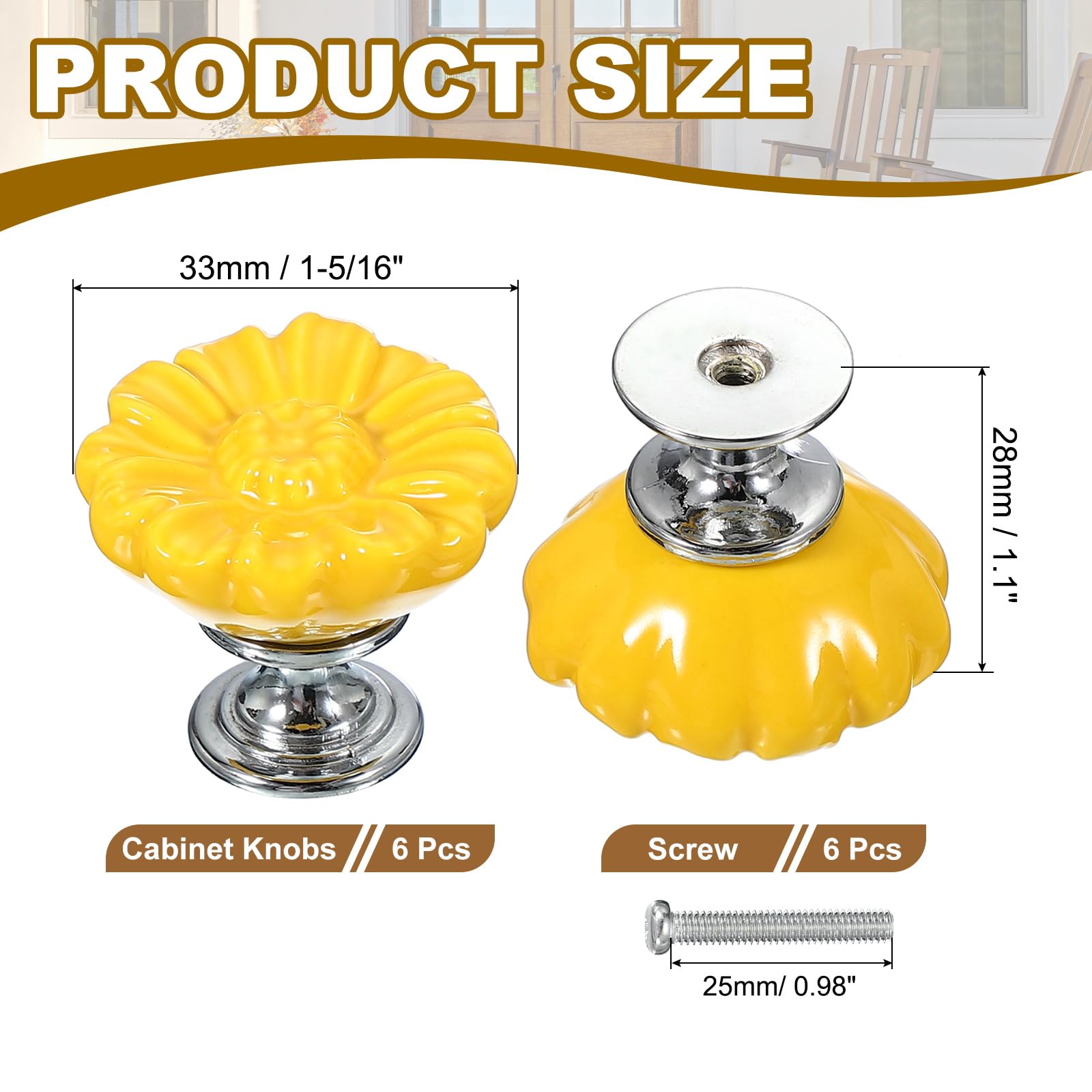 PATIKIL Vintage Floral Knobs, 1-5/16" Round, 6 Pcs Ceramic & Zinc Alloy, Yellow, Retro Style, Kitchen & Bathroom Hardware - Image 2