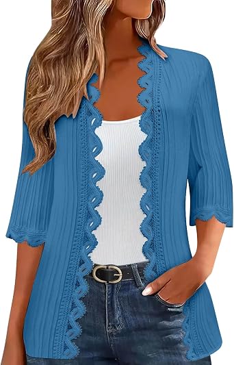 3/4 Sleeve Cardigan Sweaters for Women, Lightweight Lace Cardigans Open Front Tops Cropped Casual Coatigan Fall Shrugs
