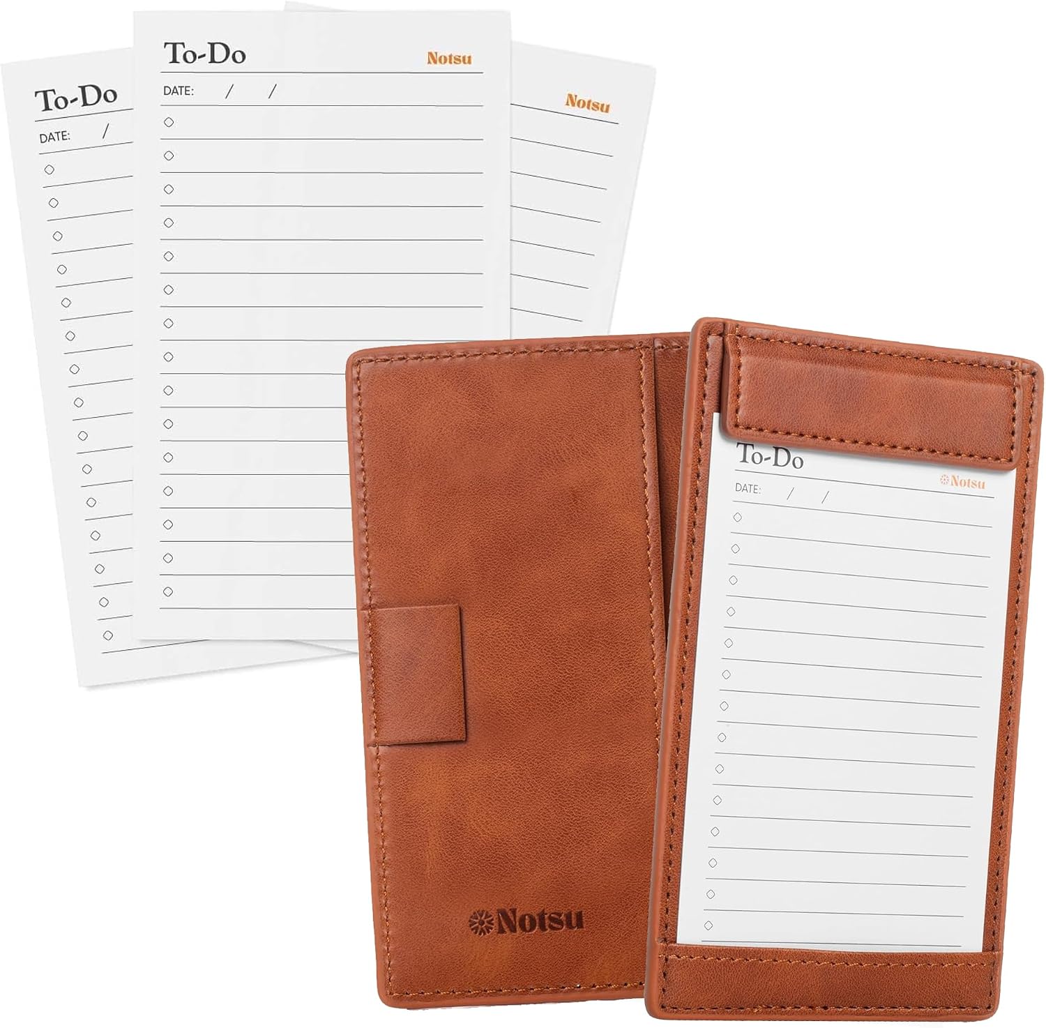 Notsu Brown Vegan Leather Note Card Holder with 25 To Do Cards + 50 Foldable 3x5 Task Planner Index Cards | Magnetic Closure, Pen Loop, Rounded Corners, Pocket-Friendly Productivity Bundle