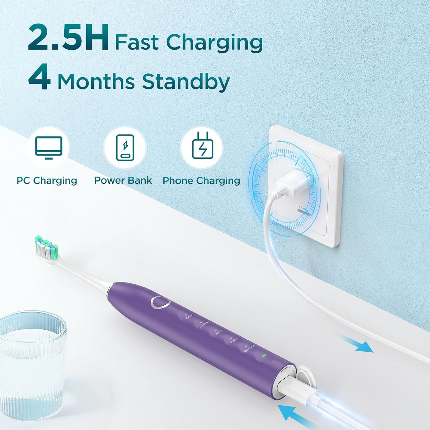 Cepillo de dientes eléctrico para adultos con 8 cabezales de cepillo, cepillo de dientes sónico recargable con un soporte y funda de viaje, cepillo de dientes blanqueador eléctrico con
