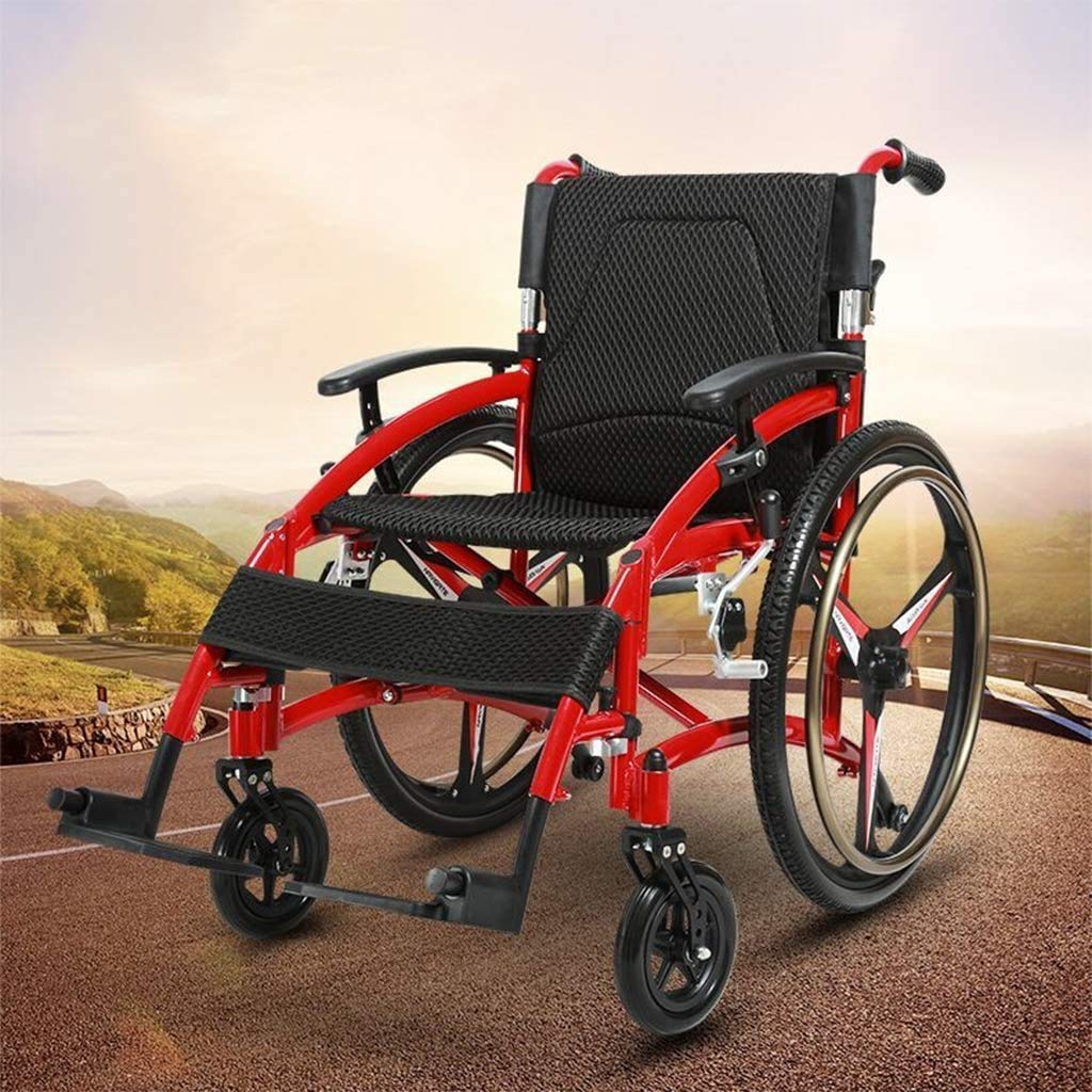 Silla de ruedas autopropulsada para acompañante de silla de ruedas de deporte de ocio, aluminio ultraligero plegable cómodo malla transpirable coche de viaje manual