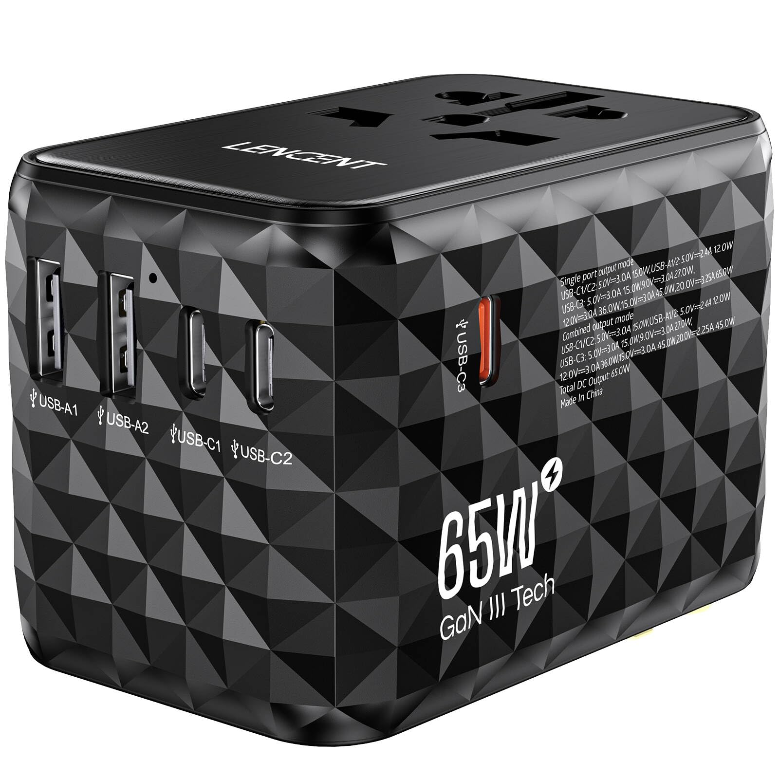 LENCENT Adaptador de Viaje Internacional 65W, Adaptador Universal con 2 USB-A y 3 USB-C, Adaptador Enchufe Carga Rápida para Phone, Teléfono, Ordenadores Portátiles, para EE.UU./UK/EU/AUS, Negro