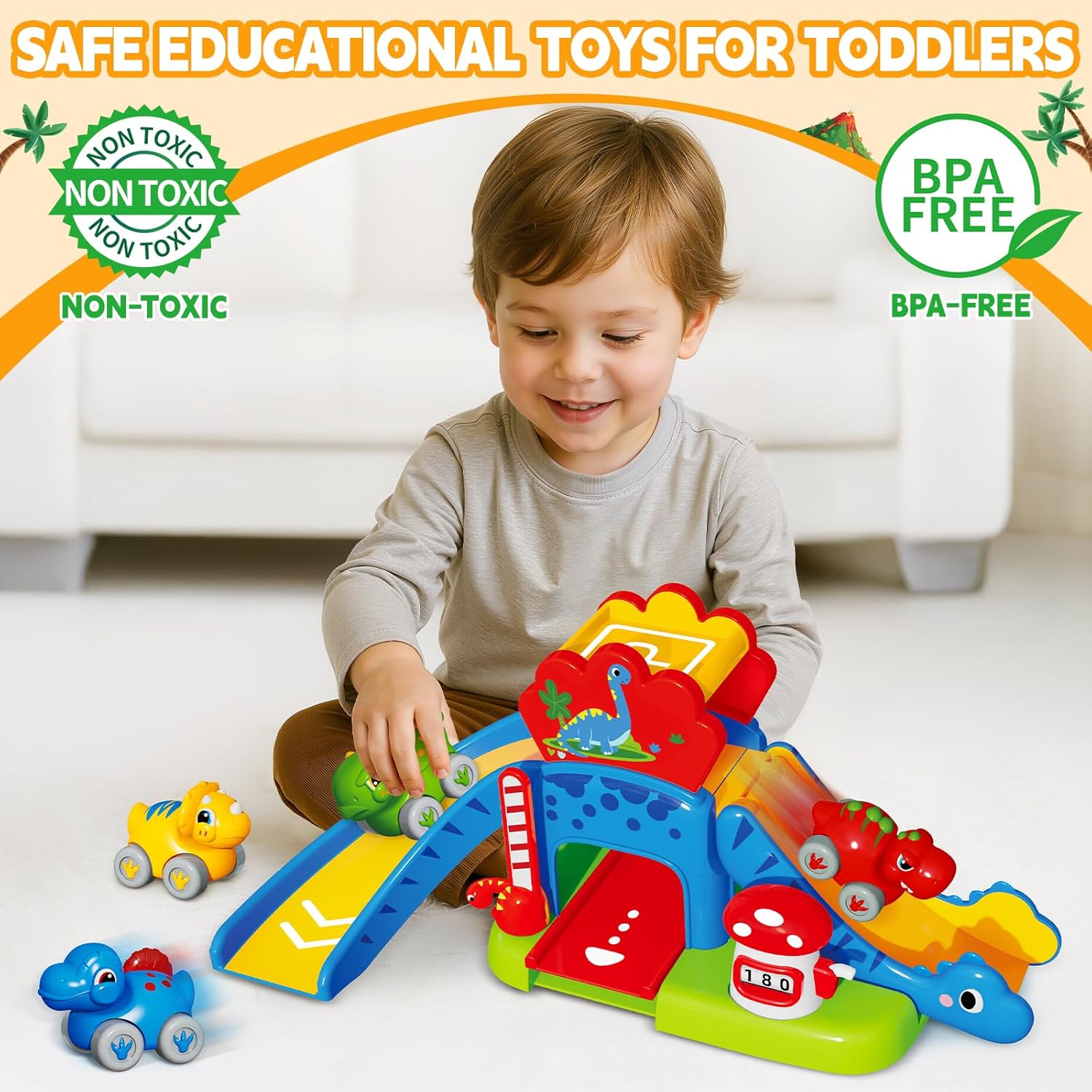 Toddler Toys Gifts for 1 2 Year Old Kids, Educational Dinosaur Slide Toy with 4 Cars for 12-18 Months Baby, First Birthday Chirstmas Gifts for Aged 1-3 Year Old, Push Car Track Toy for Boys Girls - Image 5