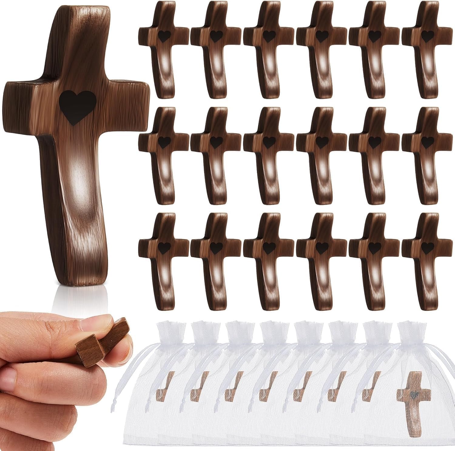 Brevynx 100Pcs Wooden Cross Fidget bulk - Pocket Cross My Heart with Organza Bags - Stress Relief Fidget for Christian, Pocket Prayer Cross, Religious Easter