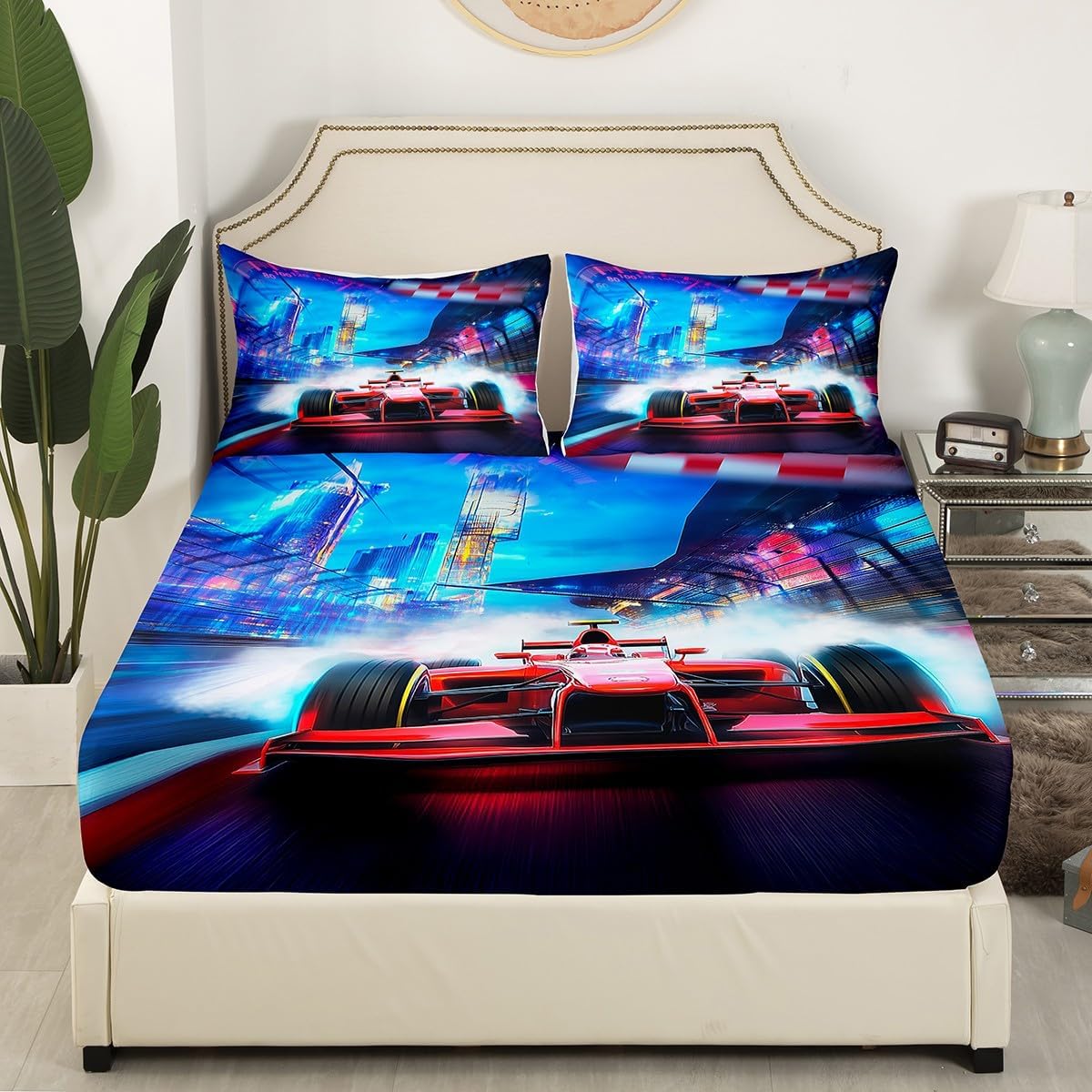 Erosebridal Racing Car Fitted Sheet Racer Bedding Set Extreme Speed Race Bed Cover for Kids Teen Boys Young Man Red Vehicle Bedclothes with 1 Pillow Case Bedroom Decor Twin Size