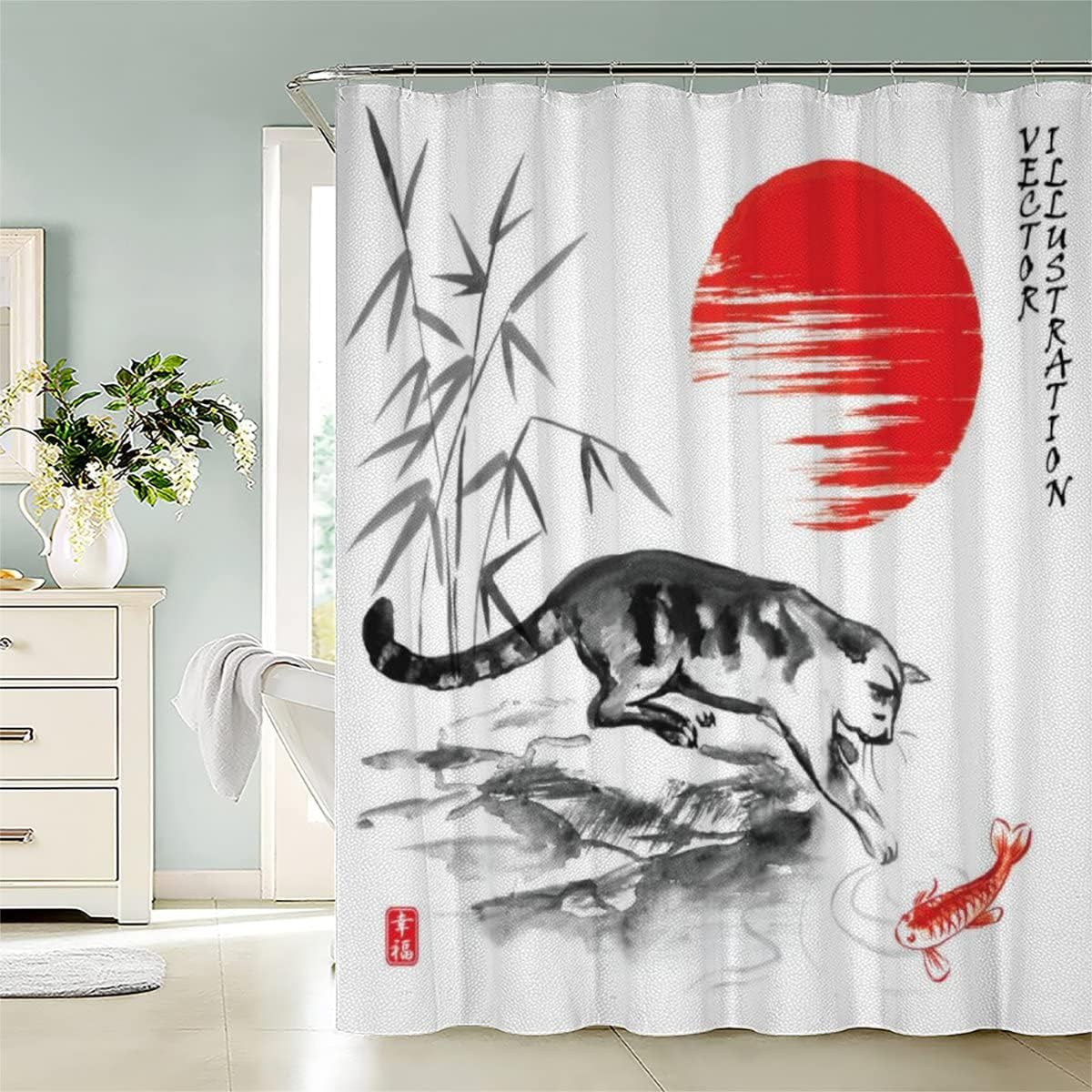 YEGRFJIS Ink Wash Shower Curtain Waterproof Washable, 260x200cm(WxL) Japanese Cat Koi Fish Red Sun Bath Curtain With Hooks, Asian Oriental Art Decor, Moisture Proof Bathtub Curtain