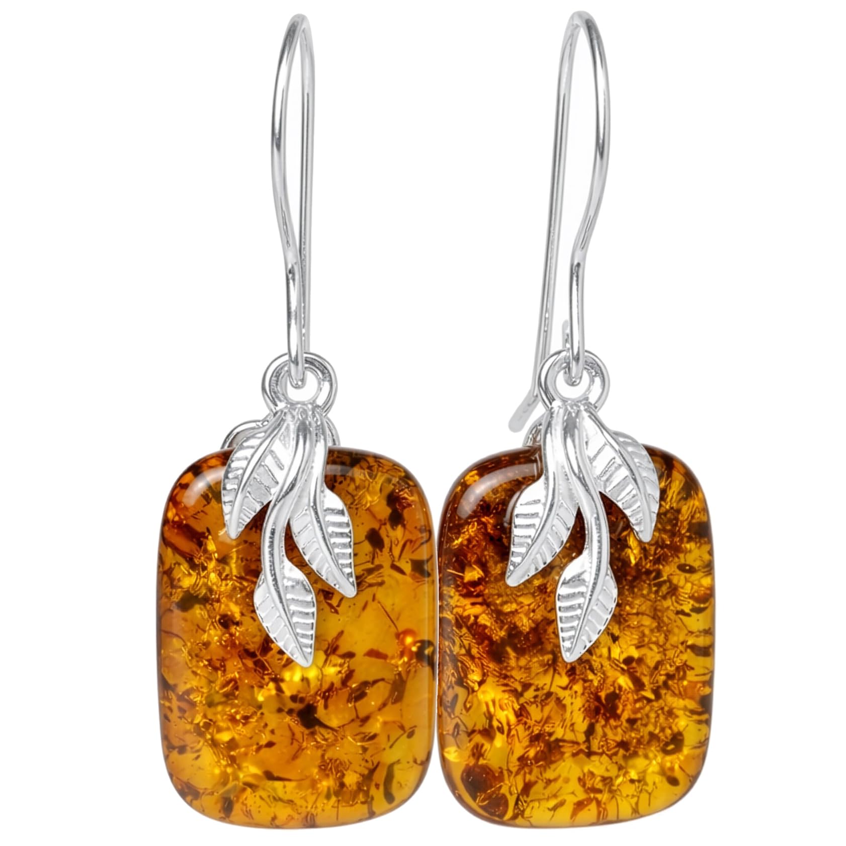 Genuine Baltic Honey Amber Fern Drop Earrings