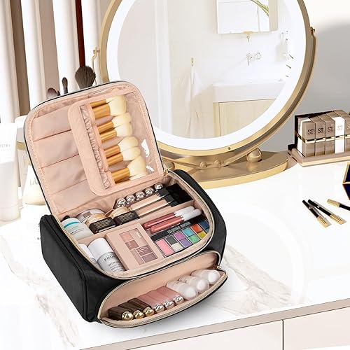Miniatura 7 de CUBETASTIC Bolsa de maquillaje, organizador de maquillaje de viaje de gran capacidad con compartimento para brochas de maquillaje, estuche portátil