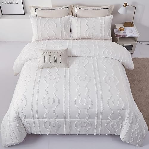 Luxudecor Juego de edredón blanco copetudo, tamaño Queen, edredón bohemio con textura bordada, juego de ropa de cama bordado de 3 piezas, edredón