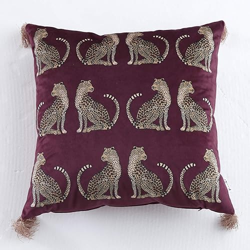 vctops Funda de almohada con estampado de leopardo con borlas, terciopelo súper suave, diseño de animales, funda de cojín cuadrada decorativa (rojo