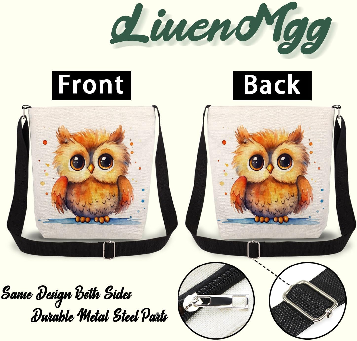 Owl Print Canvas Crossbody Bag, Adjustable Strap Lightweight Purse with Top Zipper & Inner Pocket, Daily Shoulder Bag Gift for Women -3 - Image 5