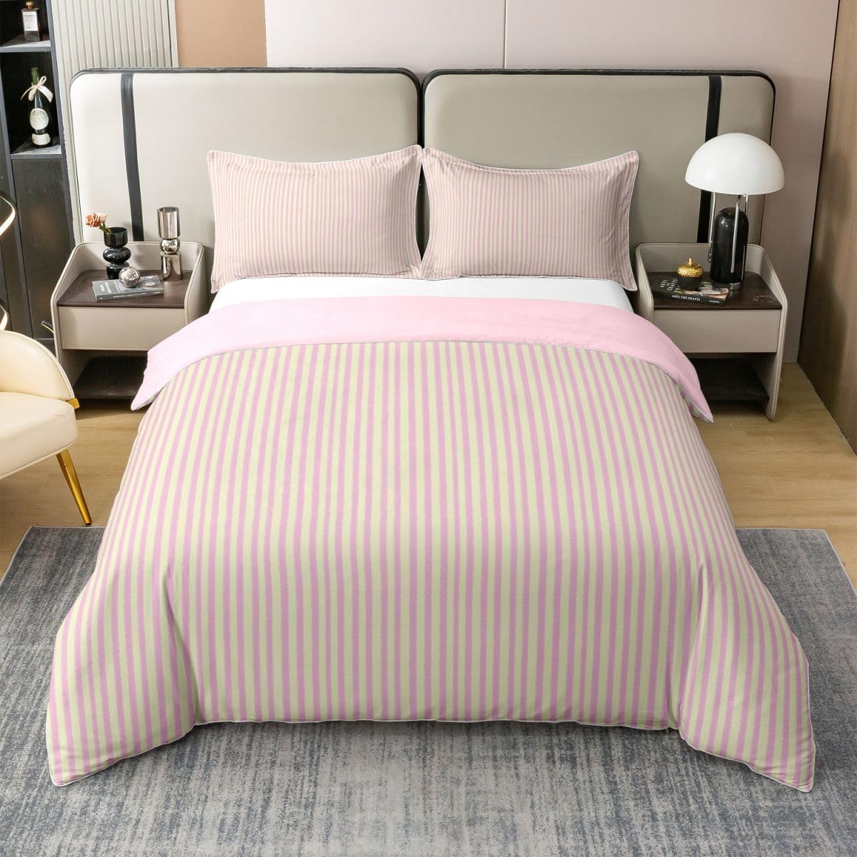 Erosebridal Lines Stripe Yellow Pink 100% Cotton Bedclothes King | Pinstripe Bedding Set Abstract Striped Comforter Cover Modern Simple Style Lightweight Duvet Cover