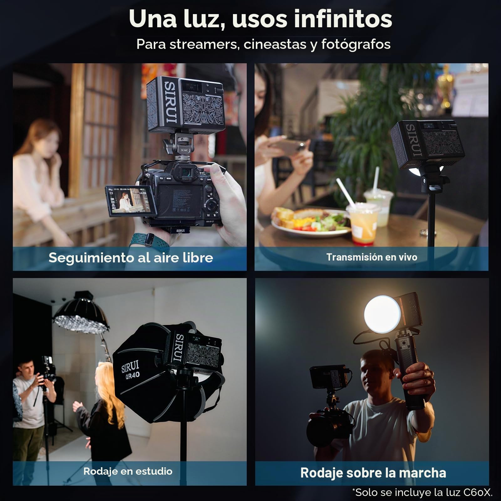 SIRUI C60X Luz Portátil para Fotografía 60W, Diseño Compacto de 0.53KG y Ultra-Silencioso 24.9dB, Carga Rápida 2H, Salida de 13,000 Lux, Control Bluetooth para Iluminación de Video en Estudio