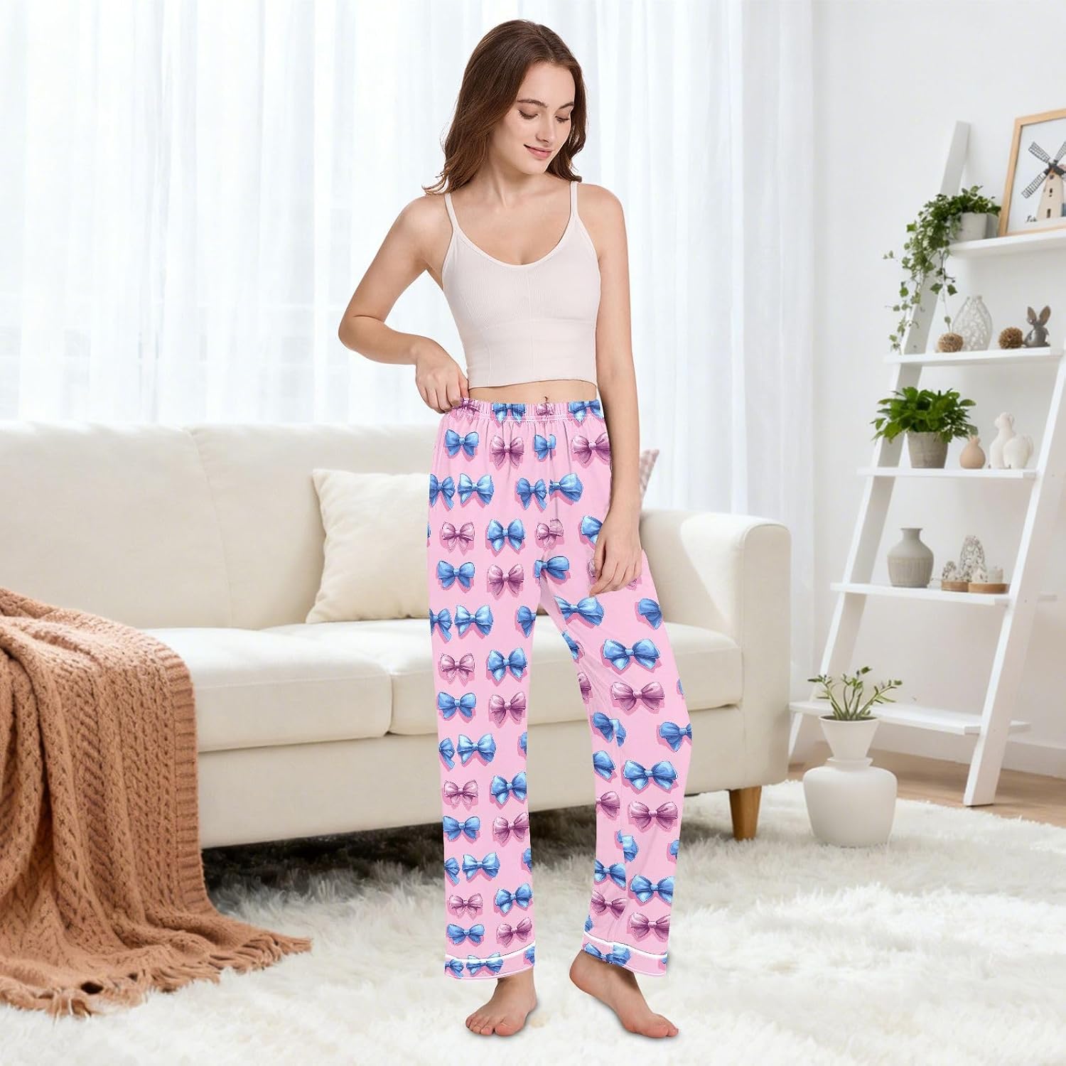 Pink Blue Bows Pajama Pants Women Lounge Pants for Women Pj Bottoms with Pocket S-XXL