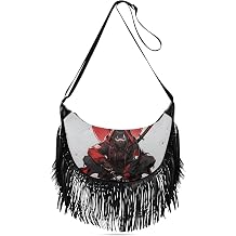 Women Fringe Crossbody Bag Crescent Bags Ninja Anime Print, Fabric and PU Tassel Purse with Adjustable Strap
