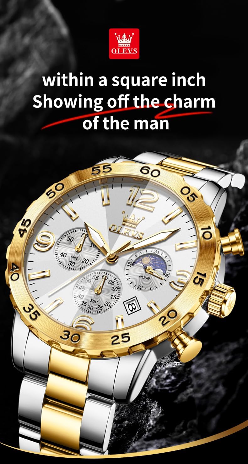OLEVS Watch Men Luxury Big Wrist Face Analog Quartz Mens Watches Stainless Steel Waterproof Luminous Date Dress Chronograph Moon Phase Relojes para Hombres - Image 9