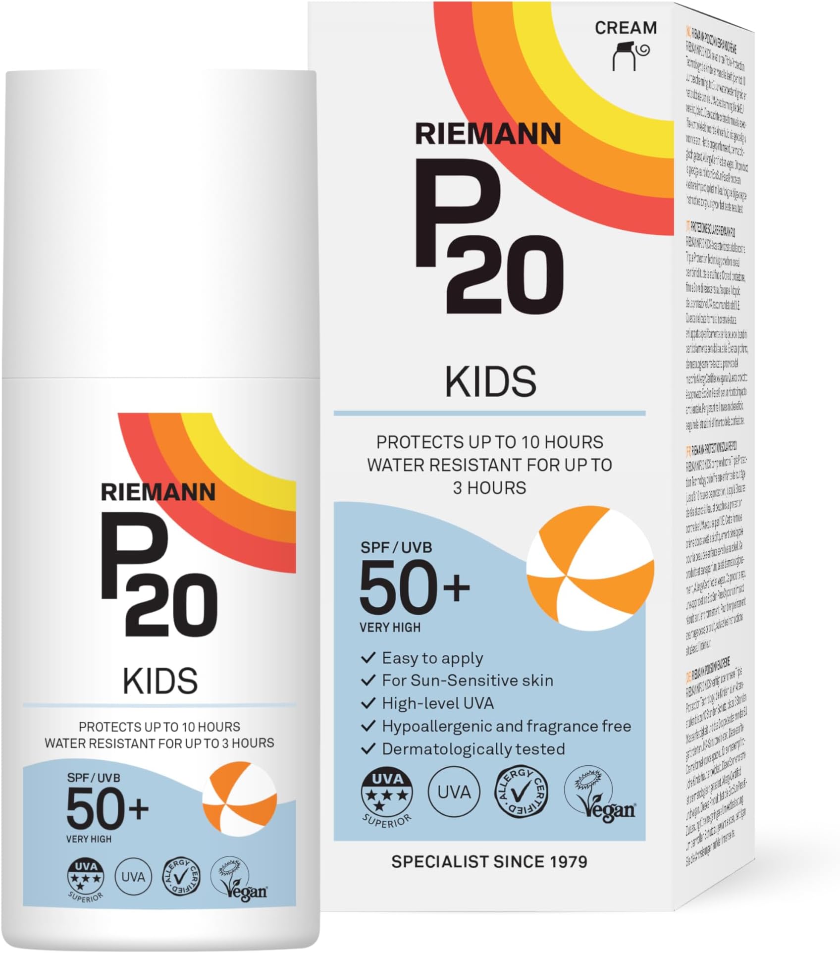 RIEMANN P20 Sun Cream SPF50 +Plus for Kids 200ml. High Level UVA Protection, Long Lasting up to 10 Hours, Water Resistant up to 3 Hours. Suitable for Children aged 1+
