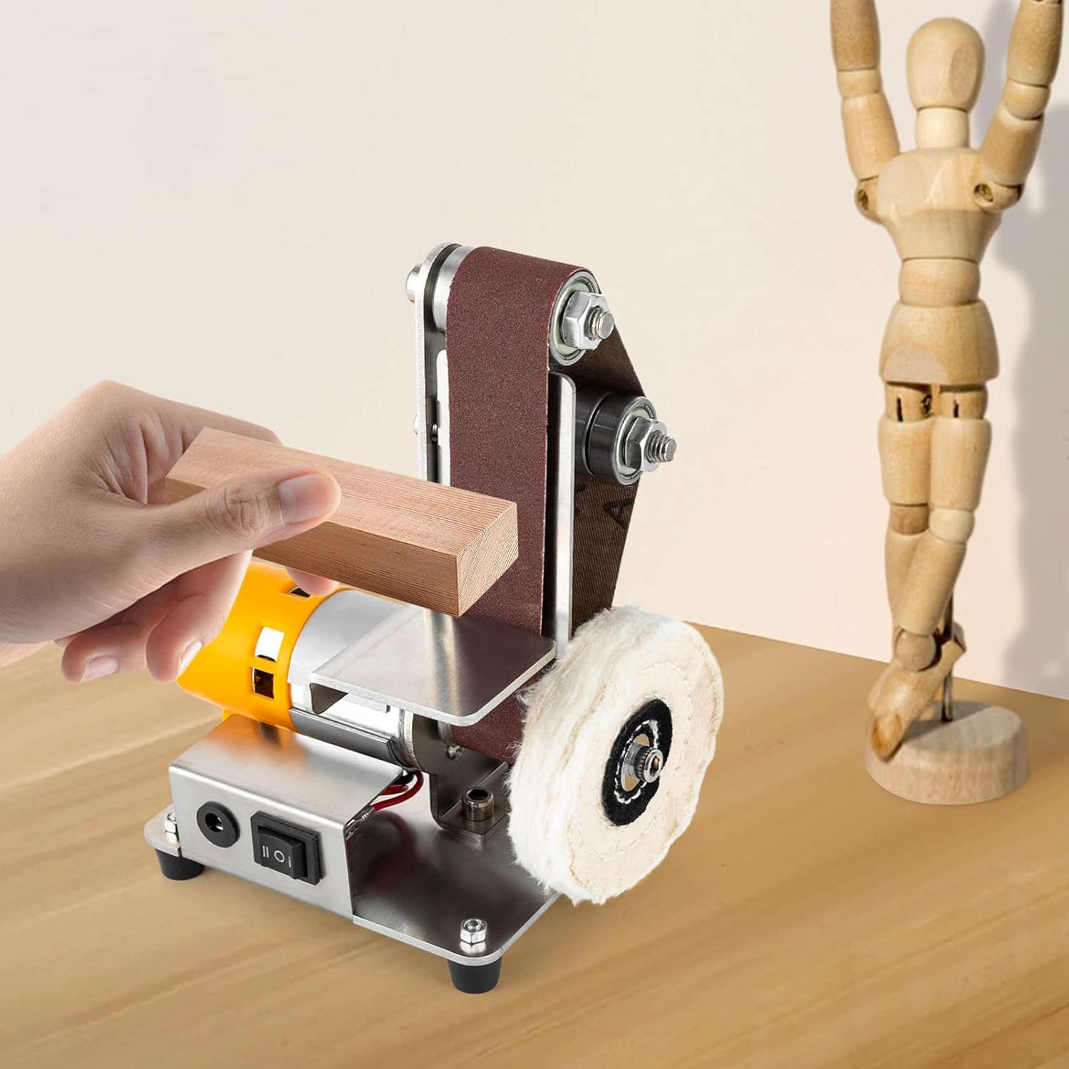 Mini Belt Sander with Grinding and Buffing Wheel, 7 Adjustable Speed and Angle Adjustment Electric Sander Grinder Machine for Woodworking Metal Polishing Knife Sharpening DIY Handcrafts, 20 Belts