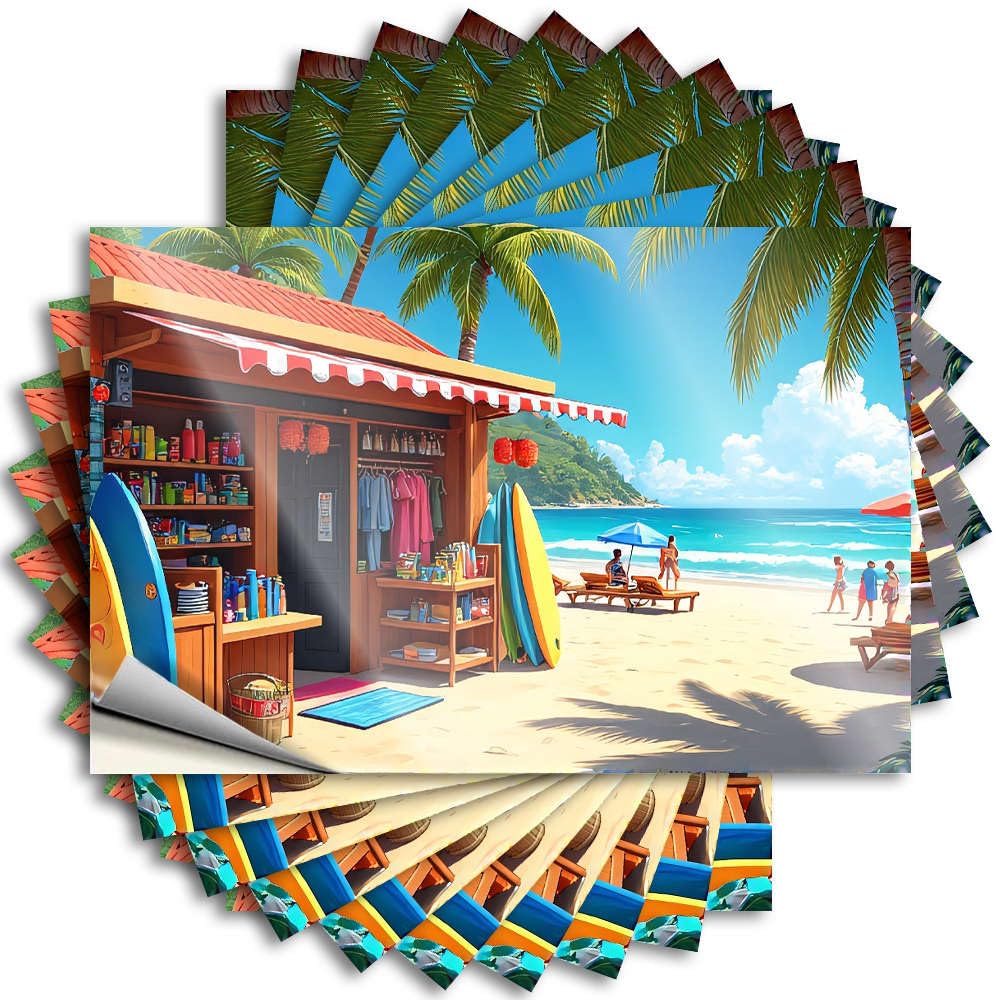 Sticker Fall Decor Outdoor Waterproof Vinyl Sticker | Beach Shop with Surfboards and Palm Trees. Accent Hard for Gamer DIY Projects(12X18CM)