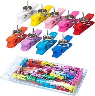 Push Pin Clips for Cork Board, 50 Pcs Colorful Push Pins with Wooden Clips Decorative Assorted Colors Thumbtack Pushpins T...