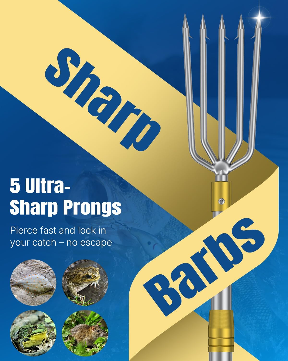 Pawfly Fishing Spear, Stainless Steel Frog Gig Gaff, Strong Flounder Gig with Barbed 5 Prong Tine & Long Pole, Telescopic Fishing Harpoon Spearhead Fork for Fish Bullfrog Toad Mole & Hunting