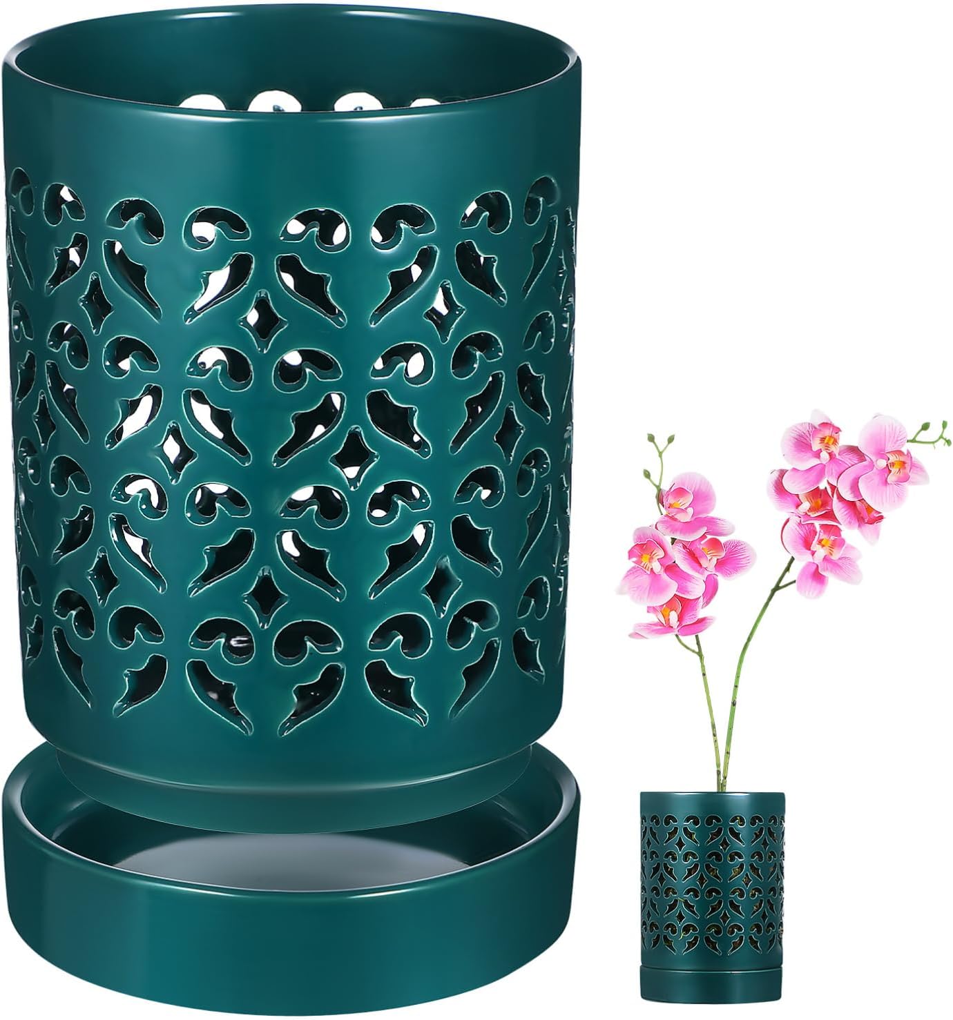 SUPVOX Ceramic Orchid Pot with Drainage Holes and Saucer 4.13 Inch Hollow Out Planter Pot for Indoor Plants Gardening and Orchid Care