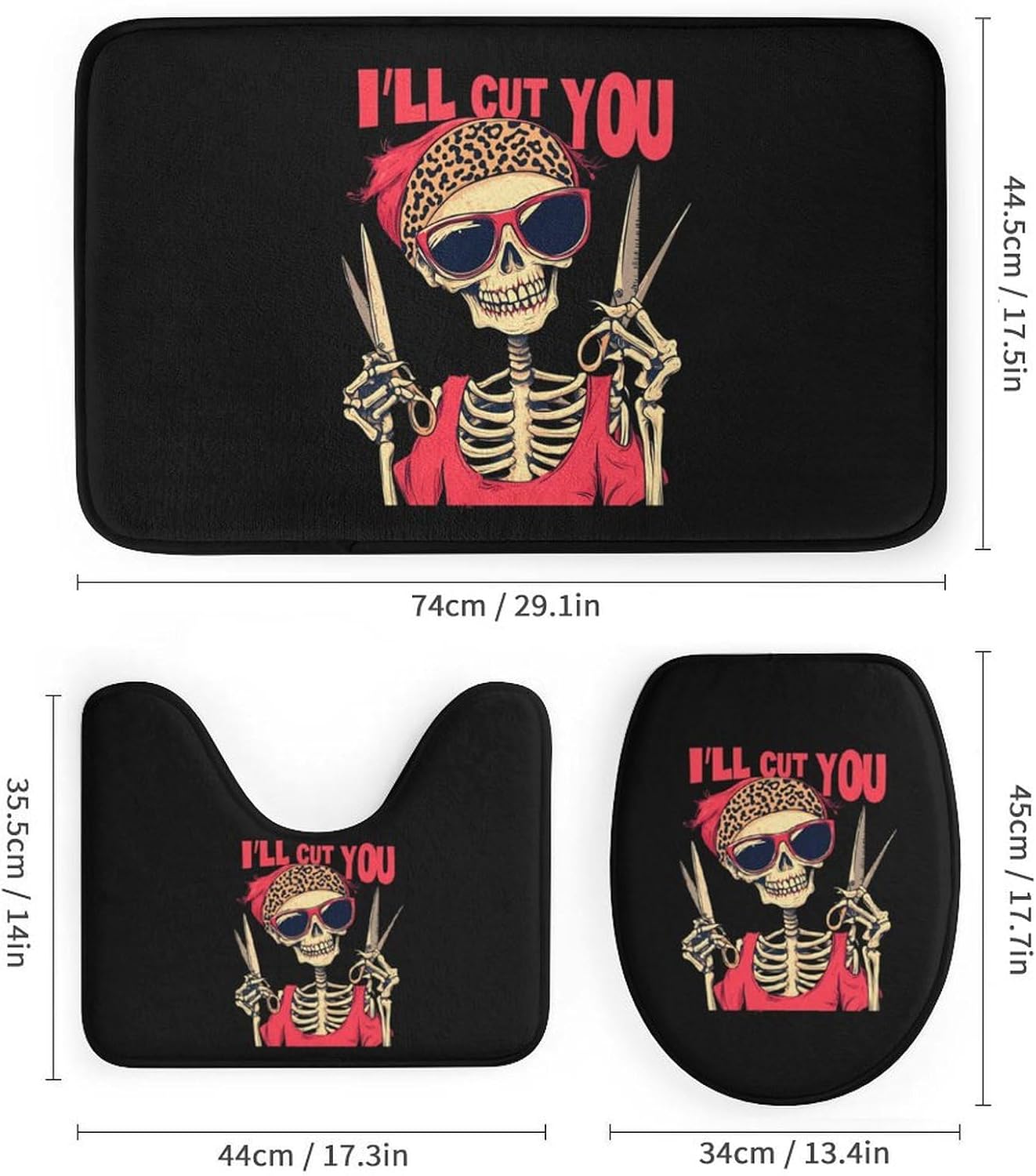 I'll Cut You Skull Hairdresser Bathroom Sets with Shower Curtain and Rugs 4 Piece with U-Shaped Floor Mat Toilet Lid Cover