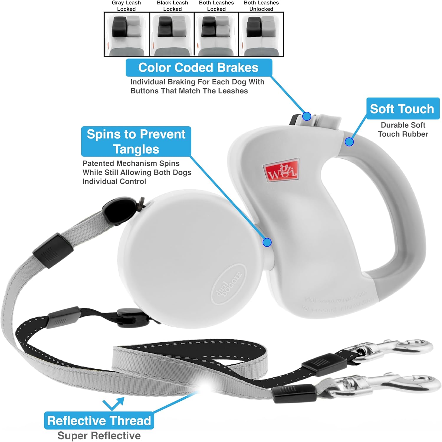 WIGZI - 2026 Edition - Dual (2) Dog Retractable Leash, Auto-Untangles, Supports Up to 50lb Dogs, 10ft Distance Each Dog, Color-Coded Control, Reflective Leads, Waterproof (White)
